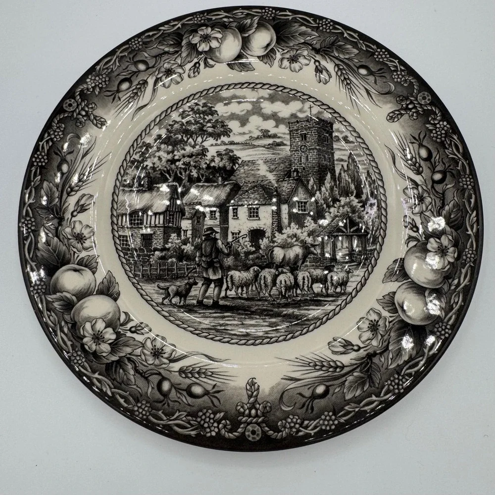 Royal Stafford Black White Transferware English Village Shepherd Plate 8.5in